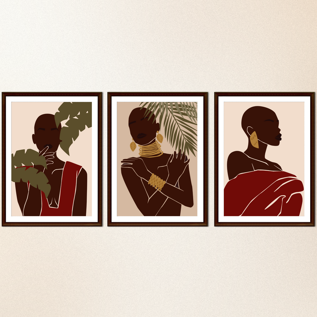 Woman Trio Wall Art Prints – Minimalist Brown & Gold Portrait Set of 3, Modern Boho Decor