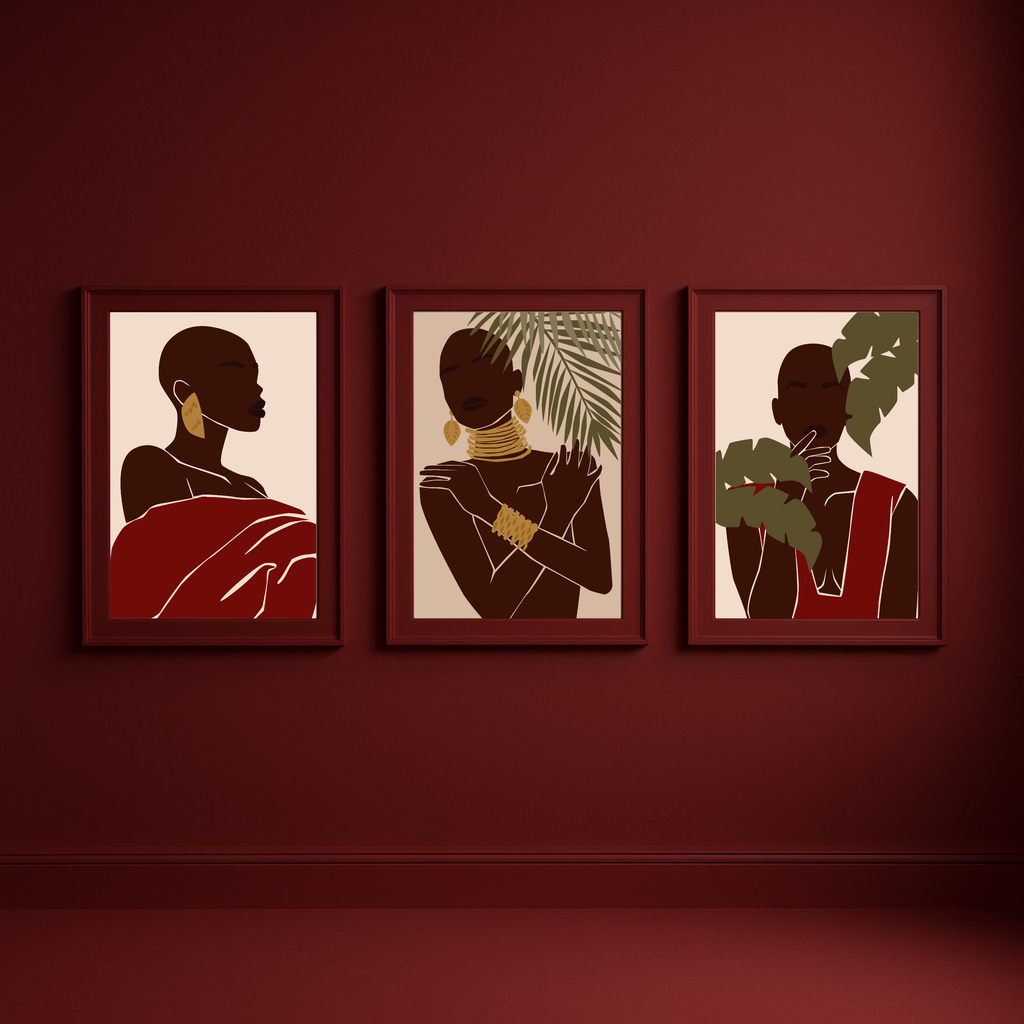 Woman Trio Wall Art Prints – Minimalist Brown & Gold Portrait Set of 3, Modern Boho Decor