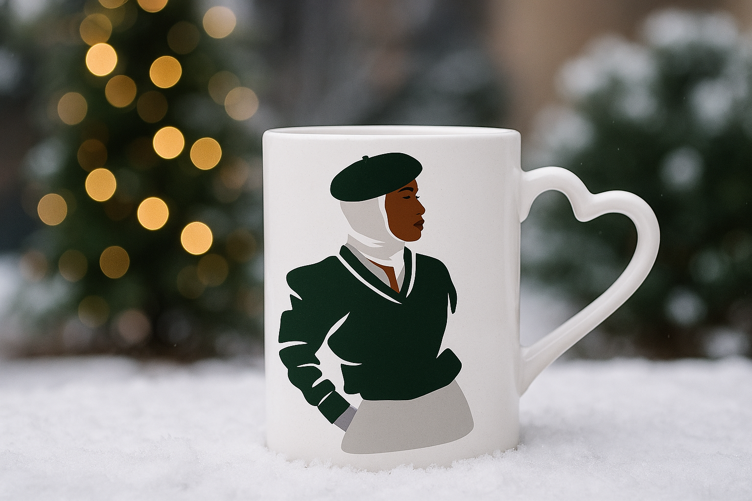 Emerald Evenings Heart Handle Mug – Festive Beret Girl