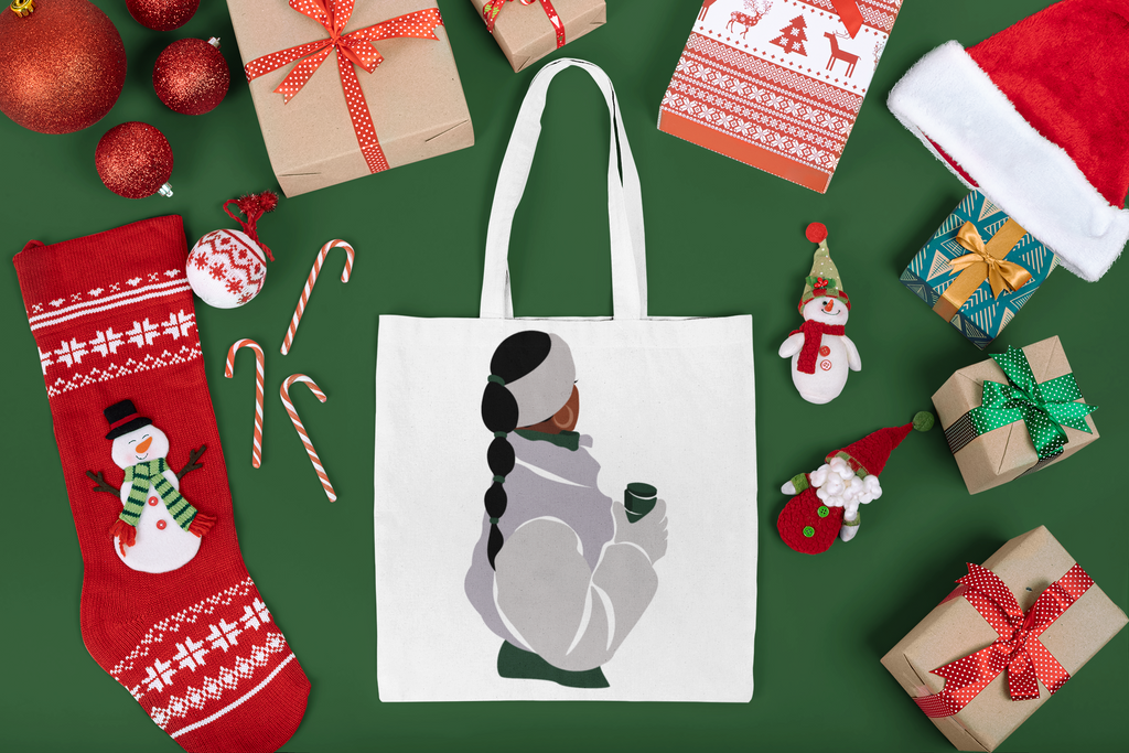 Snow Day Shopper Tote – Winter Girl with Hot Drink