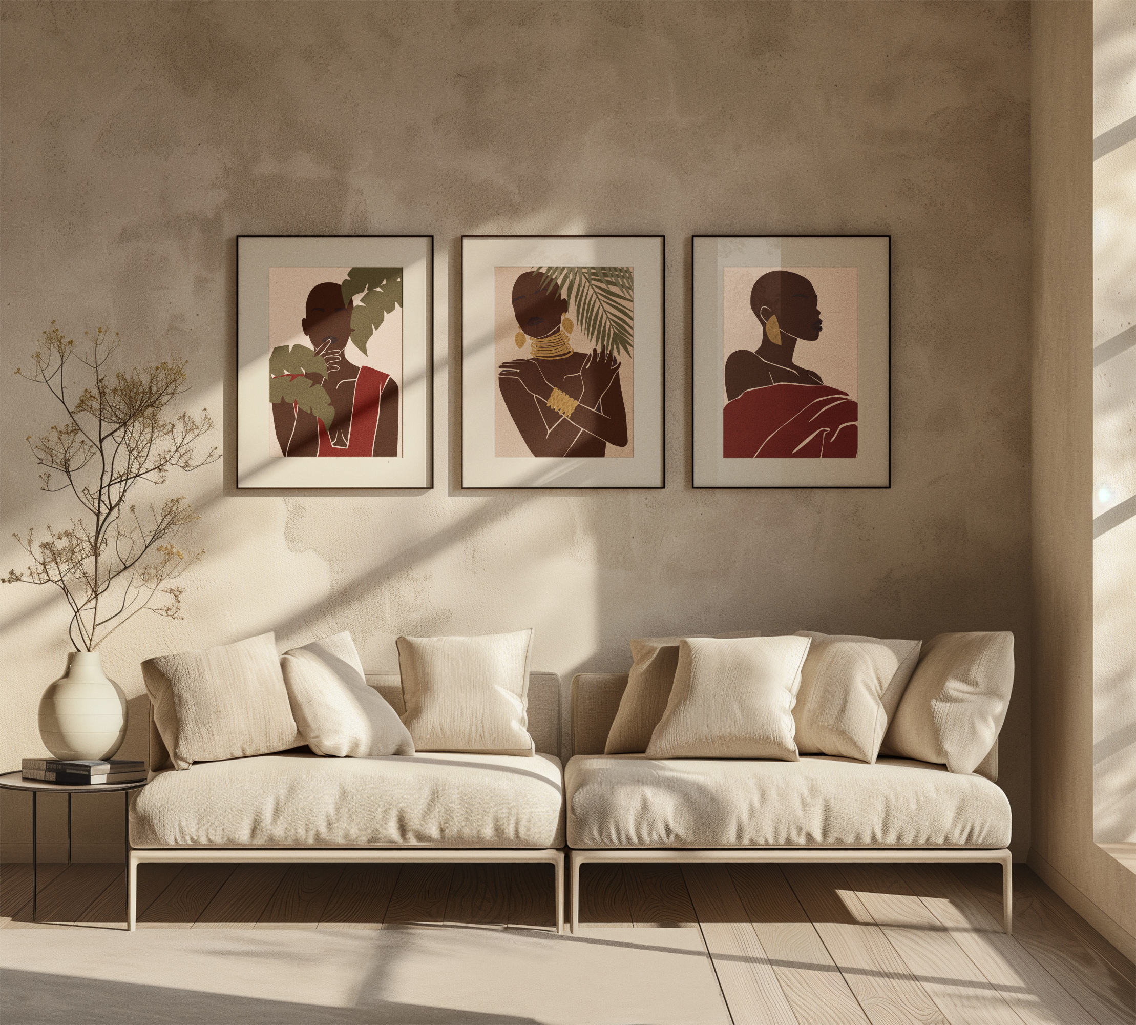Woman Trio Wall Art Prints – Minimalist Brown & Gold Portrait Set of 3, Modern Boho Decor